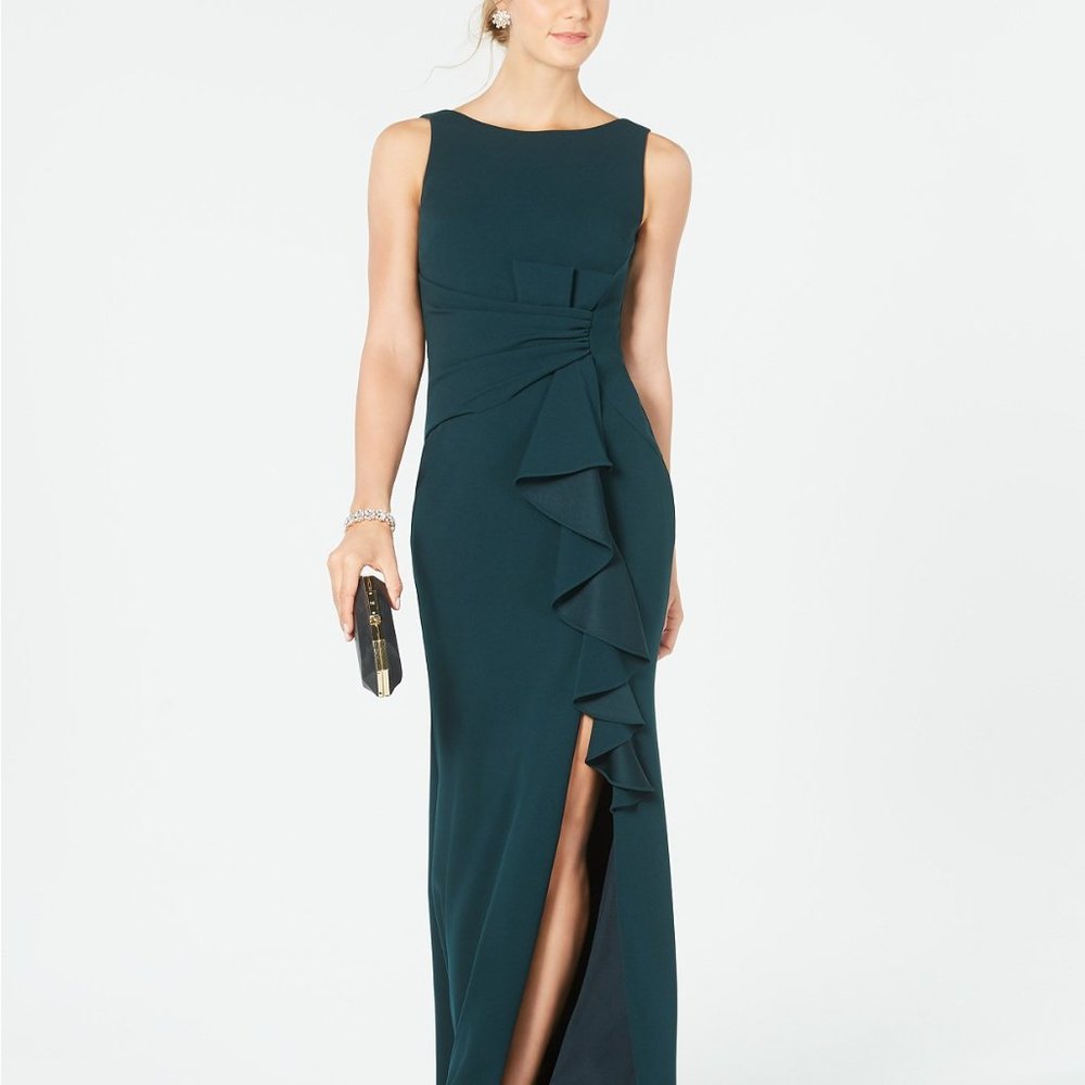 BETSY & ADAM Women's Sleeveless Ruffle-Detail Gown Pine Size 14